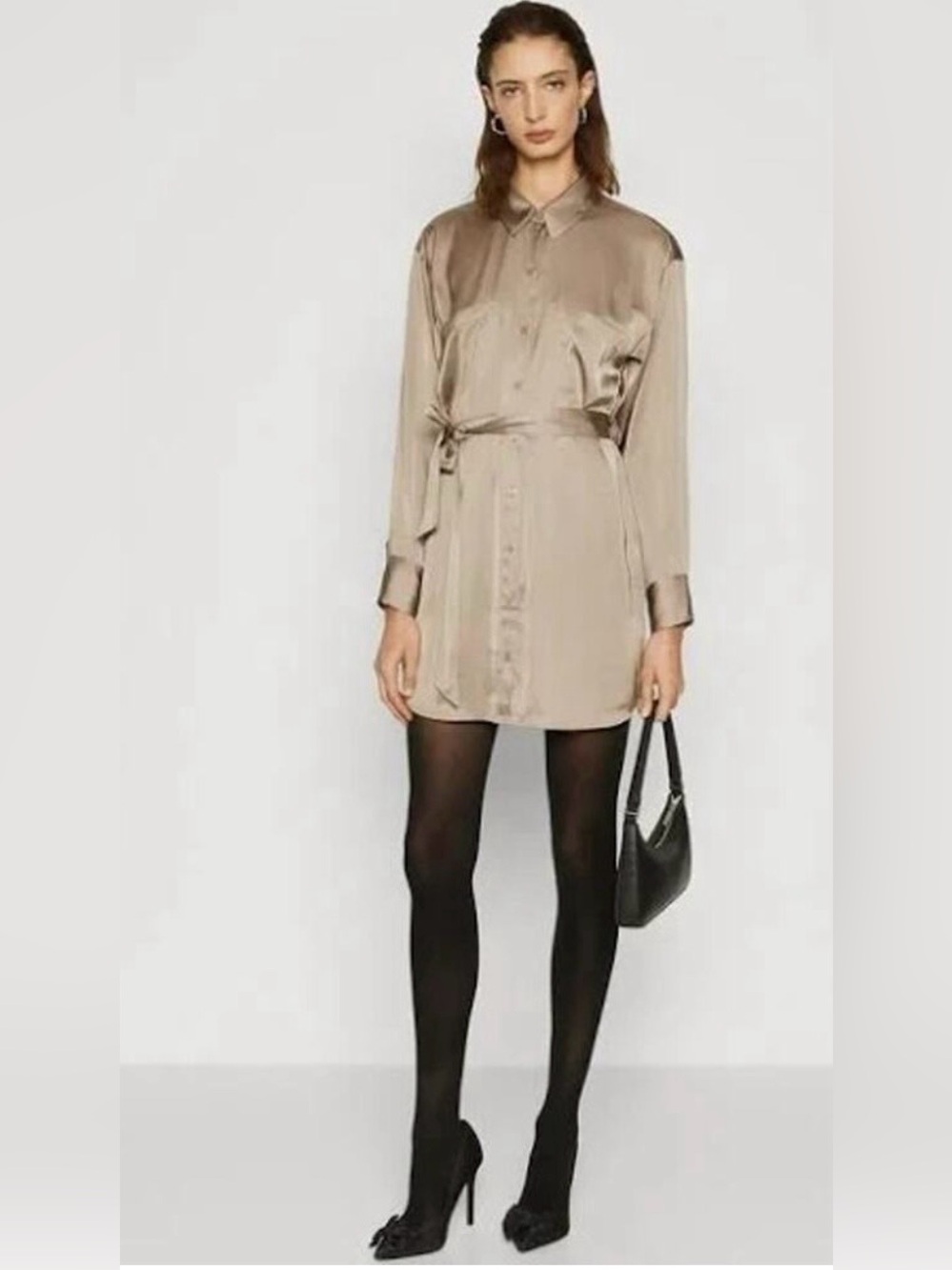 Abercrombie & Fitch Satin Button-Front Shirt  Dress Size XSP Taupe